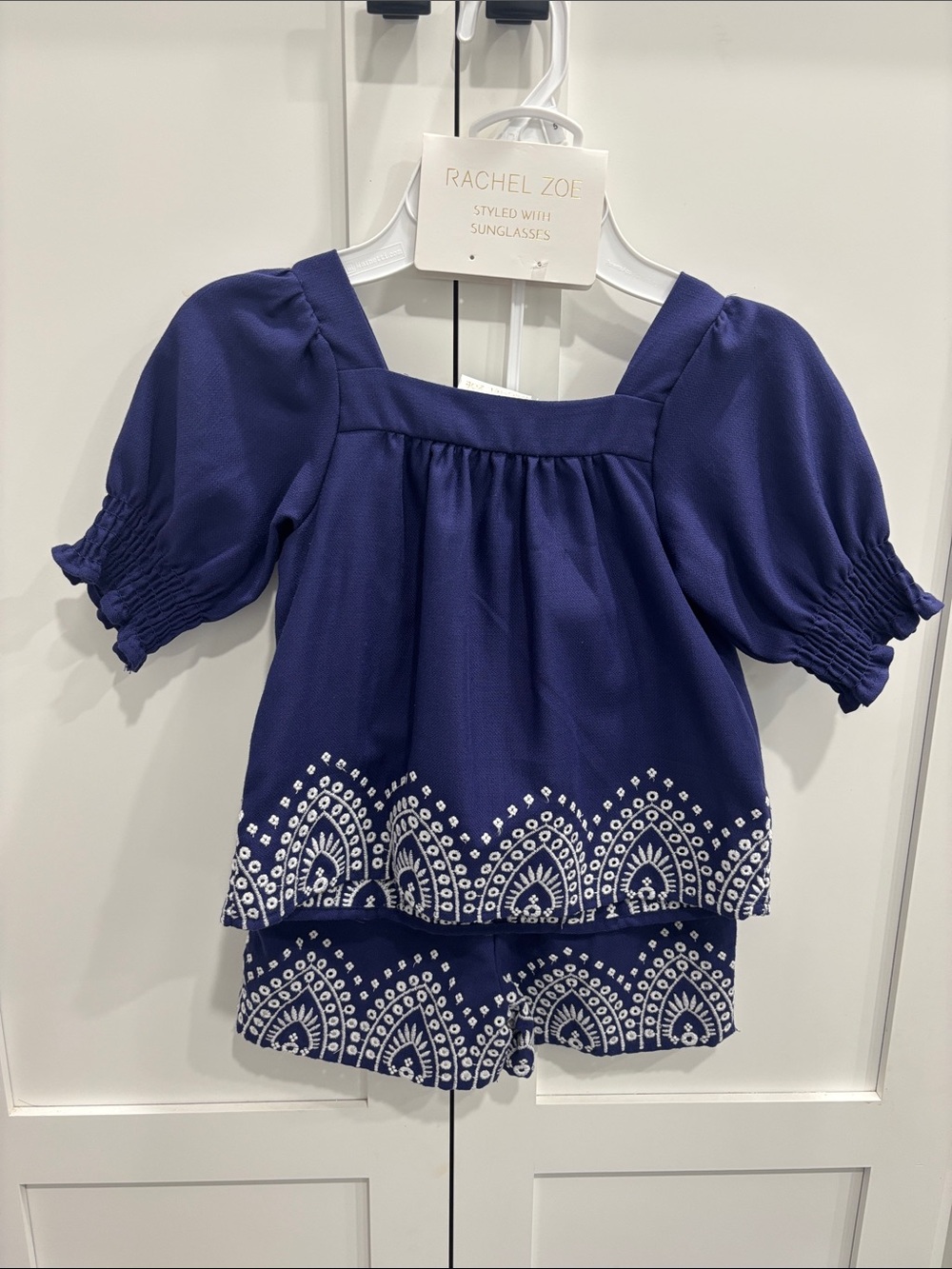 Rachel Zoe Navy Top and Shorts Set with White Embroidery